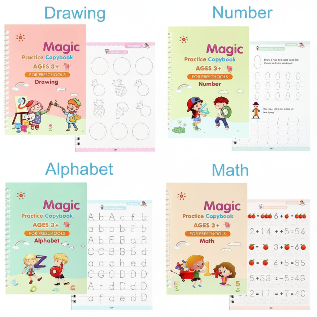 Buycool Magic Practice Copybook Kit – Reusable Handwriting Workbook Set for Kids (Ages 2+) | 4 Books + 10 Refills
