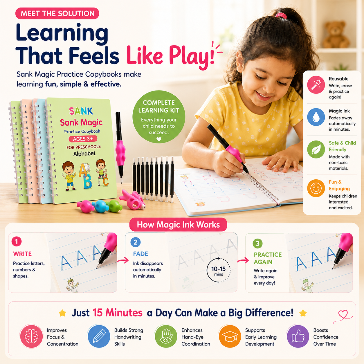 Buycool Magic Practice Copybook Kit – Reusable Handwriting Workbook Set for Kids (Ages 2+) | 4 Books + 10 Refills