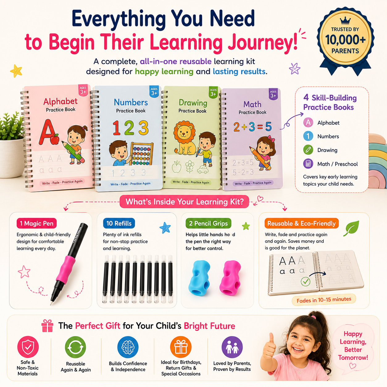 Buycool Magic Practice Copybook Kit – Reusable Handwriting Workbook Set for Kids (Ages 2+) | 4 Books + 10 Refills